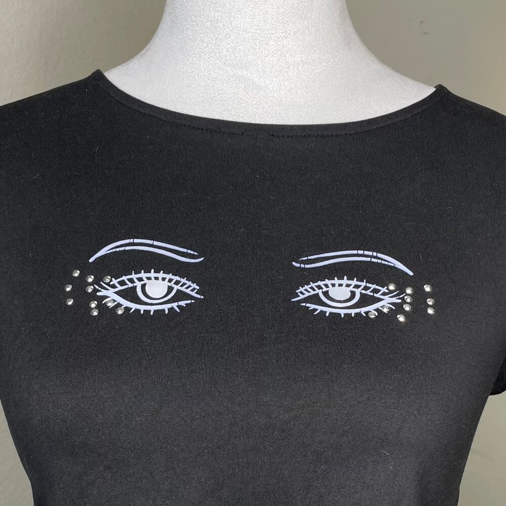 Occasion Women's Black Cropped Tie Cut Out Back Eye Short Sleeve Top Size Medium - Picture 2 of 7
